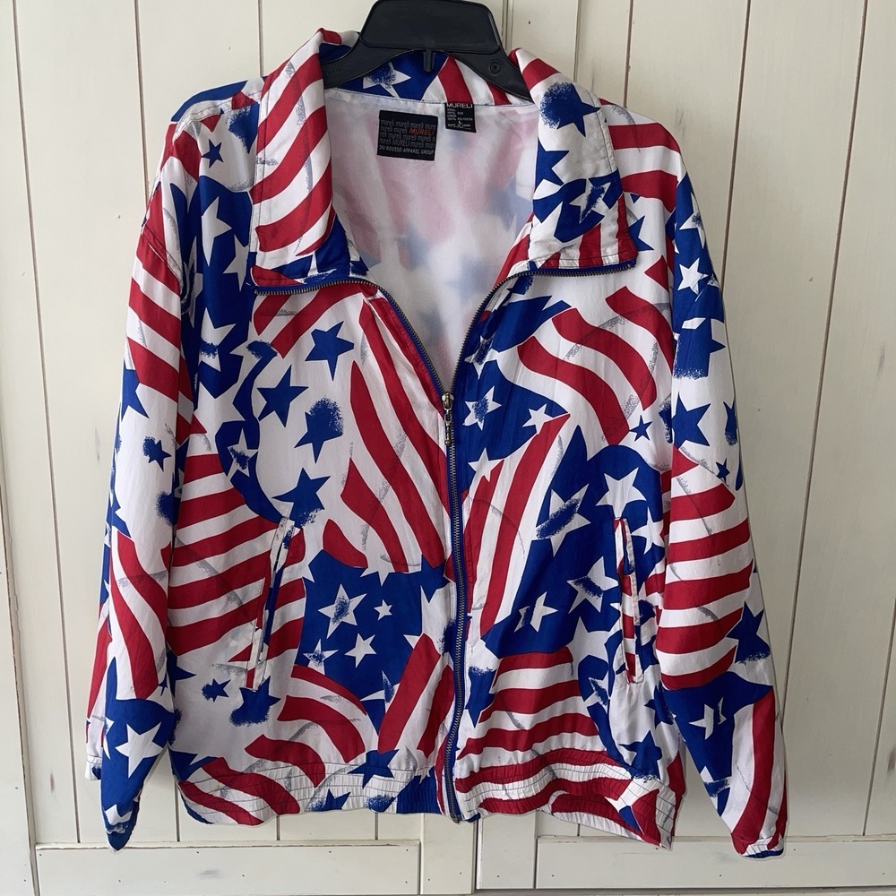VTG Mureli Women's USA Flag Zip Jacket 100% SILK America Sz L